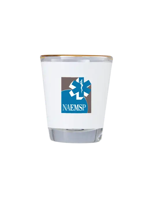 1.5 oz Shot Glass w/Gold Rim w/NAEMSP Logo
