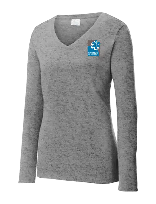 Womens  V-Neck Ring Spun Grey Heather 4.5 oz Long Sleeve T-Shirt w/NAEMSP Logo