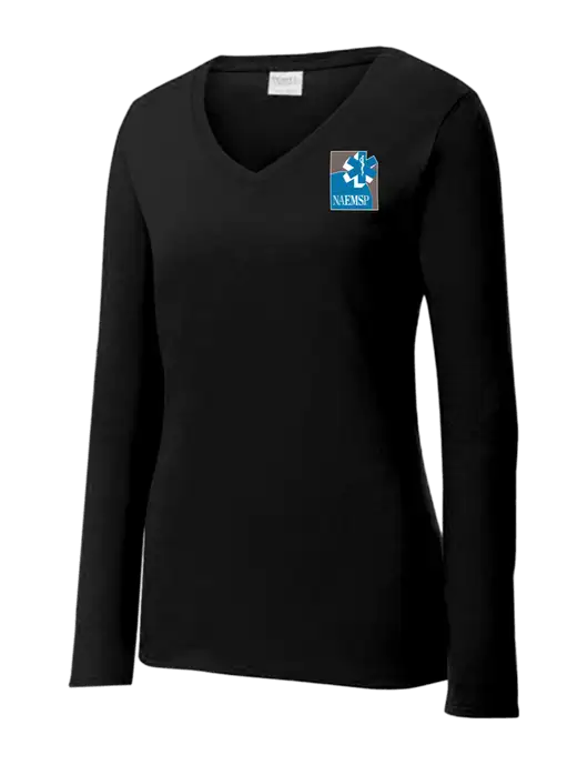 Womens V-Neck Ring Spun Jet Black 4.5 oz Long Sleeve T-Shirt w/NAEMSP Logo