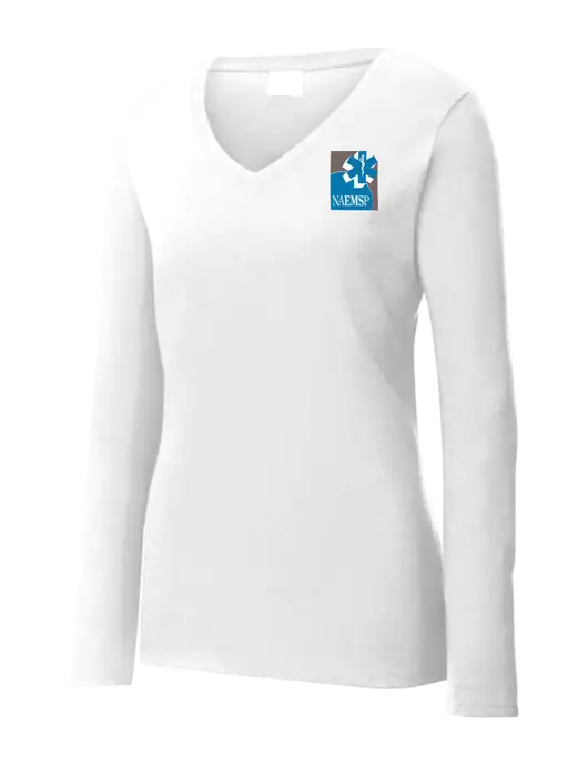 Womens  V-Neck Ring Spun White 4.5 oz Long Sleeve T-Shirt w/NAEMSP Logo