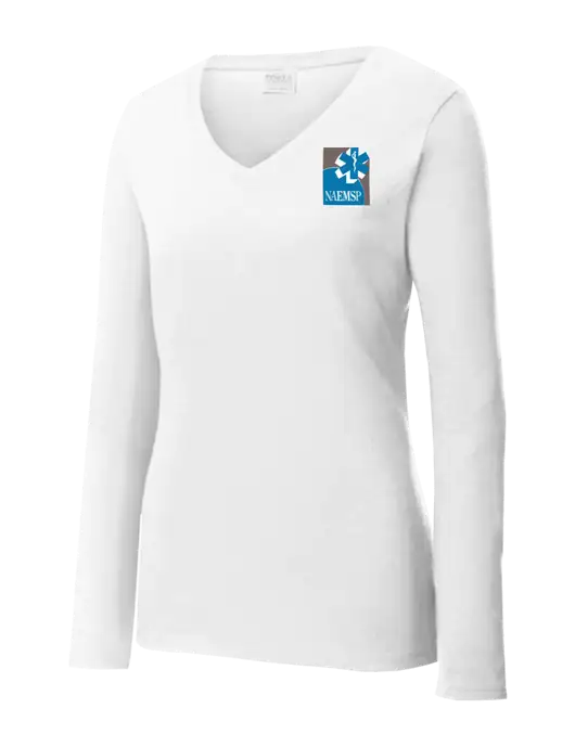 Womens  V-Neck Ring Spun White 4.5 oz Long Sleeve T-Shirt w/NAEMSP Logo